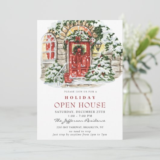 Invitation Watercolor Country Holiday Christmas Open House (Debout devant)
