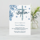 Invitation Watercolor Cross Florals Dusty Blue Boy Baptême (Debout devant)