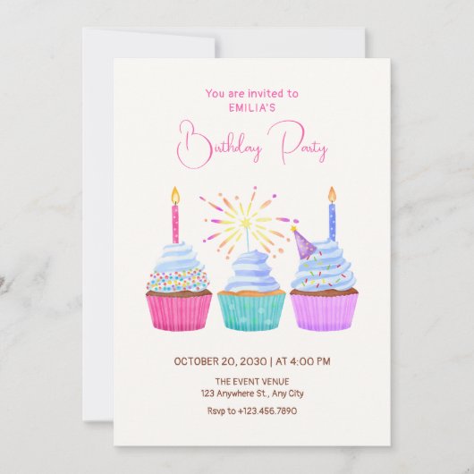 Invitation Watercolor cupcakes birthday (Devant)