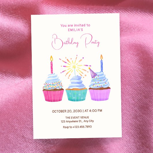 Invitation Watercolor cupcakes birthday