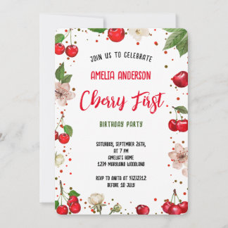 Invitation Watercolor Cute Cherry 1st Birthday Party