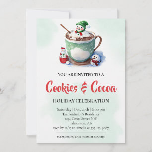 Invitation Watercolor Cute Cookies & Cocoa Fête de Vacances