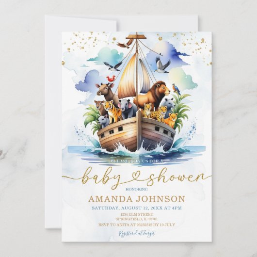 Invitation Watercolor Cute Noah's Ark Adventure Baby shower (Devant)