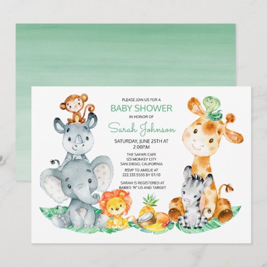 Invitation Watercolor Cute Safari Jungle Baby shower (Devant / Derrière)