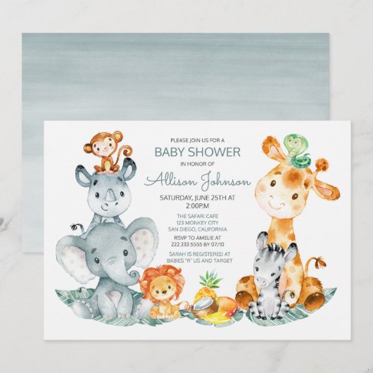 Invitation Watercolor Cute Safari Jungle Baby shower (Devant / Derrière)
