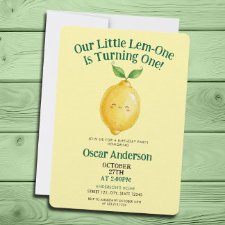 Invitation Watercolor Cute Yellow Lemon One Year Birthday