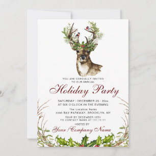 Invitation Watercolor Deer, Birds Holly Berry Fête de Vacance