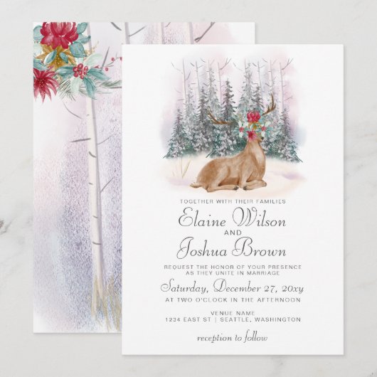 Invitation Watercolor Deer Floral Antler Pine Mariage d'hiver (Devant / Derrière)