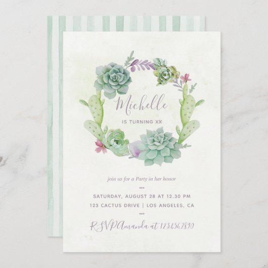 Invitation Watercolor Desert Cactus Succulents fête d'anniver (Devant / Derrière)