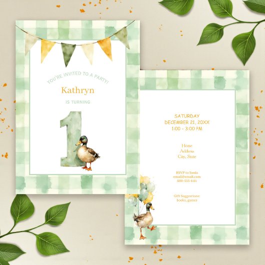 Invitation Watercolor Duck Teal, Yellow First Birthday Party