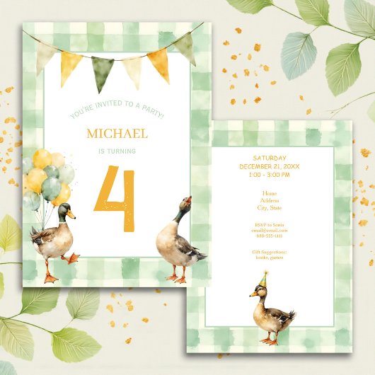 Invitation Watercolor Duck Teal, Yellow First Birthday Party