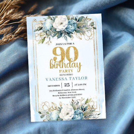 Invitation Watercolor Dusty Blue 90th Birthday Party Invite