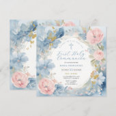 Invitation Watercolor Dusty Blue Floral First Holy Communion (Devant / Derrière)