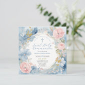 Invitation Watercolor Dusty Blue Floral First Holy Communion (Debout devant)