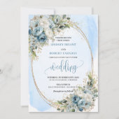 Invitation Watercolor Dusty Blue Floral Gold Wedding Invite (Devant)
