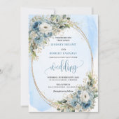Invitation Watercolor Dusty Blue Flowers Gold Wedding Invites (Devant)