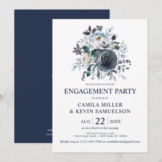 Invitation Watercolor Dusty Blue Navy Floral Engagement Party (Devant / Derrière)