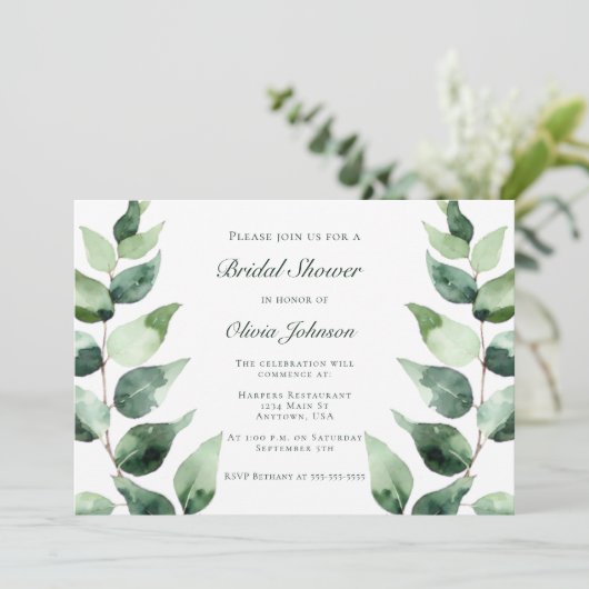 Invitation Watercolor Eucalyptus Bridal Shower | White (Debout devant)