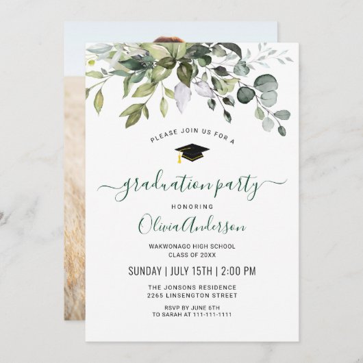 Invitation Watercolor Eucalyptus Fête de graduation (Devant / Derrière)