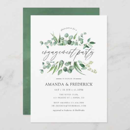 Invitation Watercolor Eucalyptus Green Engagement Party (Devant / Derrière)