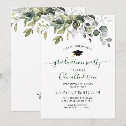 Invitation Watercolor Eucalyptus Green Graduation Party (Devant / Derrière)
