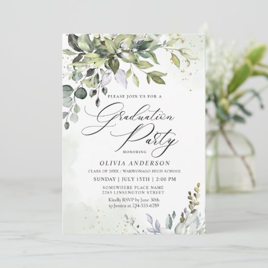Invitation Watercolor Eucalyptus Green Graduation Party (Debout devant)