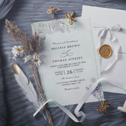 Invitation Watercolor Eucalyptus Lavender QR Code Wedding