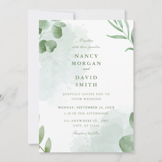 Invitation Watercolor Eucalyptus Leaves Greenery Wedding (Devant)