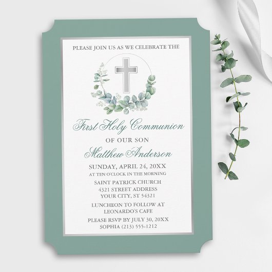 Invitation Watercolor Eucalyptus Wreath Silver Communion