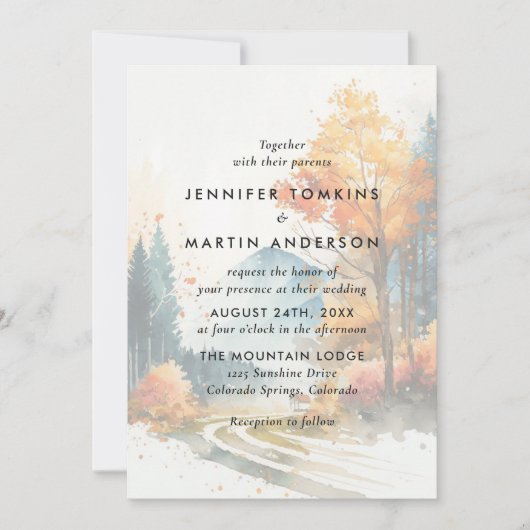 Invitation Watercolor Fall Mountain Mariage forestier (Devant)