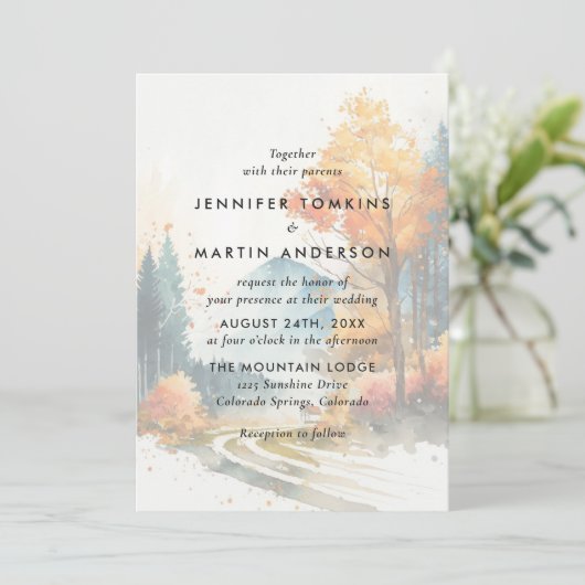 Invitation Watercolor Fall Mountain Mariage forestier (Debout devant)