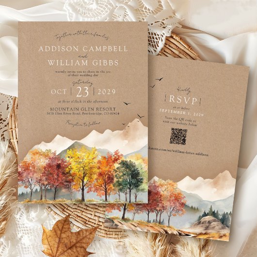 Invitation Watercolor Fall Tree Mountain Rustic Kraft Wedding