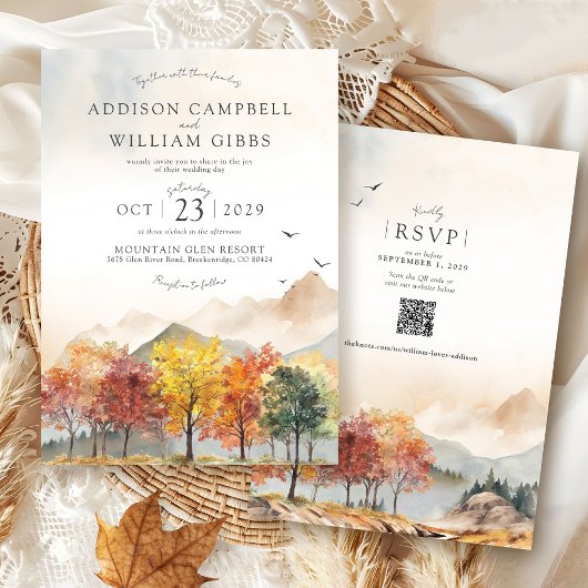 Invitation Watercolor Fall Trees Mountain Autumn Boho Wedding
