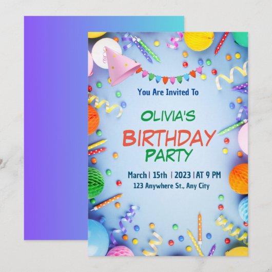 Invitation Watercolor fille's Boy's anniversaire de enfant pa (Devant / Derrière)