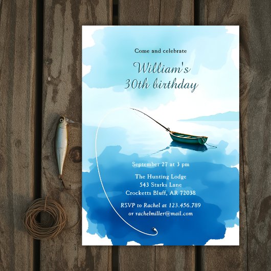 Invitation Watercolor Fishing Boat 30th Birthday Party