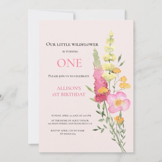 Invitation Watercolor Fleur sauvage 1er anniversaire Mauve Gi (Devant)