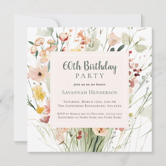 Invitation Watercolor Fleur sauvage 60e fête d'anniversaire (Devant)