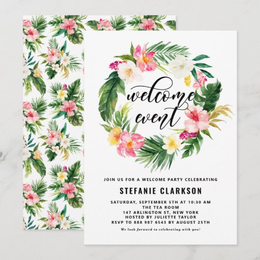 Invitation Watercolor Fleurs tropicales Wreath Welcome Event (Devant / Derrière)