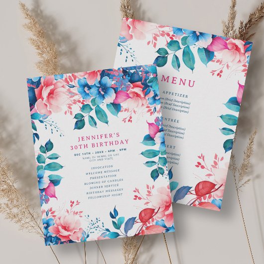Invitation Watercolor Floral 30th Birthday Program Menu