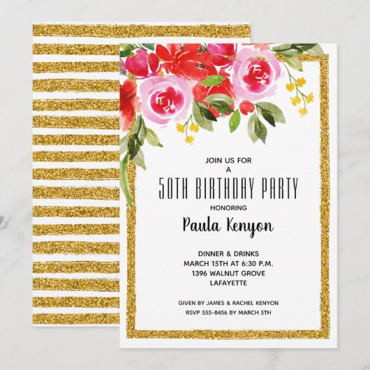 Invitation Watercolor Floral 50e fête de Parties scintillant  (Devant / Derrière)