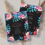 Invitation Watercolor Floral 50th Birthday Program Menu noir<br><div class="desc">Célébrez en style avec notre programme de fête d'anniversaire de 50 ans brillant et audacieux   menu. Tournez cinquante avec notre programme étonnant de fleurs d'aquarelle en bleu et rose. Commandez maintenant et faites de votre cinquantième anniversaire un souvenir inoubliable !</div>