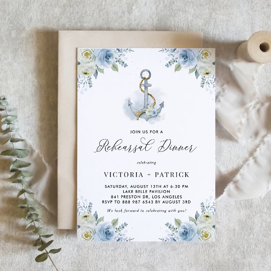 Invitation Watercolor Floral Anchor Nautical Rehearsal Dinner