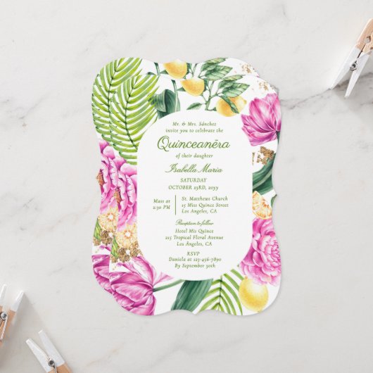 Invitation Watercolor Floral Bilingual Spanish Quinceañera (Devant/Arrière en situation)