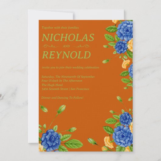 Invitation Watercolor Floral Blue & Burnt Orange Wedding (Devant)