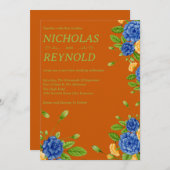 Invitation Watercolor Floral Blue & Burnt Orange Wedding (Devant / Derrière)