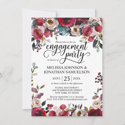 Invitation Watercolor Floral Bourgogne Merlot Engagement (Devant)