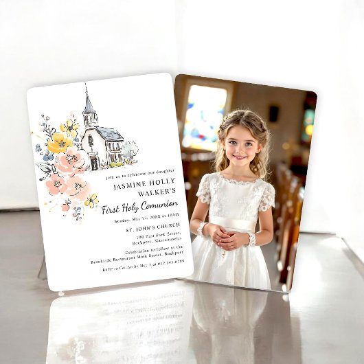 Invitation Watercolor Floral Church First Holy Communion