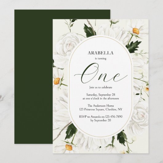 Invitation Watercolor Floral Daisies 1ère fête d'anniversaire (Devant / Derrière)