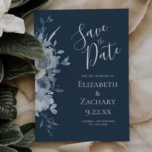 Invitation Watercolor Floral Dusty Blue Navy Save the Date