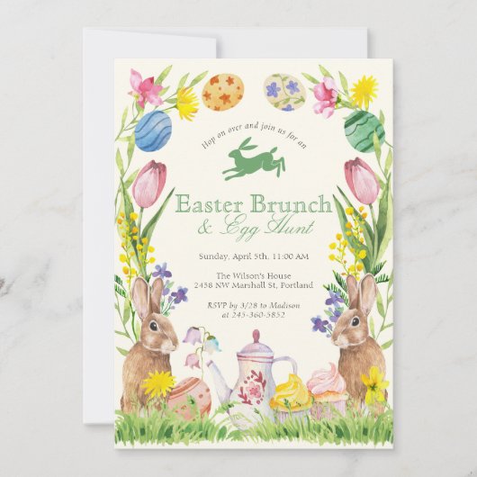 Invitation Watercolor Floral Easter Brunch Egg Bunny Teapot (Devant)
